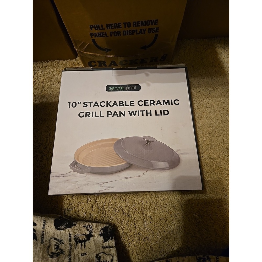 Servappetit Ceramic Grill Pan with Lid Stackable 10 inch Gray